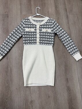 Cream and Black Knit Long-Sleeve Dress with Button Front